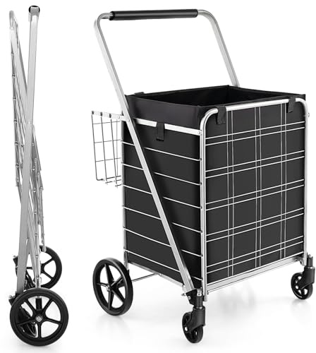 GYMAX Einkaufstrolley, klappbarer Einkaufswagen mit Abnehmbarer Oxford-Tasche, Handwagen mit 2 Körben & gepolstertem Griff, Mehrzweckwagen bis zu 150kg belastbar, Rollwagen für Einkaufen (Silber)