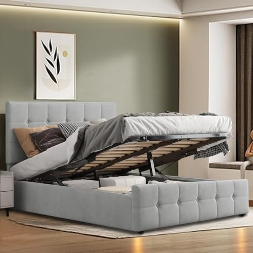 Blisswood Ottoman Storage Bed With Mattress Included, 4ft Small Double, Upholstered Gas Lift Up Bed Frame With Storage, Wooden Slats (Light Grey)