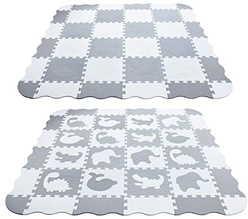 Tapis de Jeu en Mousse avec Bordure, Carreaux de Sol emboîtables pour Enfants, Puzzle pour bébé, Tapis d'exercice-Dalles Certifié CE-16 pièces-Blanc + Gris foncé
