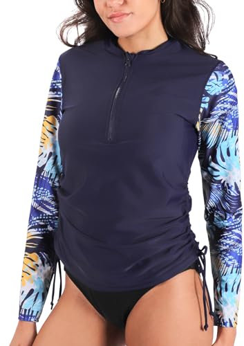 MASOCIO Women Rash Vest Swimming Top Ladies Rash Guard Long Sleeve Zip Swim Shirts Costume UV Sun Protection Swimwear Wetsuit Swimsuit L Navy Blue