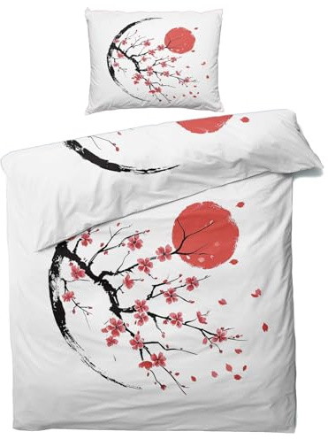 MOBEITI Japanische Bettwäsche 135x200, Japan Style Kirschblüten Wendebettwäsche, Weiche Kuschelige Mikrofaser Bettbezug Set 2teilig, 1 Kissenbezug 80x80, mit Reißverschluss - Asiatische Motive 31