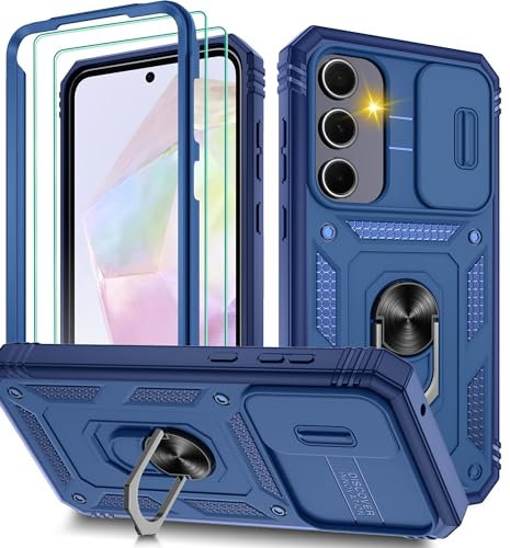 Pilaru 3 in 1 for Samsung A55 5G Phone case |With Front Frame| [2 Separate Screen Protectors] & Kickstand Ring & Camera Cover Military Grade Drop Shockproof Protection for Galaxy A55,Blue