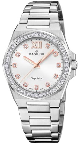 Candino Swiss Damenuhr Analog aus Edelstahl 316l Silberfarben | Quarzwerk, Widerstandsfähiges Saphirglas, Wasserdicht 5 ATM C4751/1, Lady Elegance, Beiges Zifferblatt