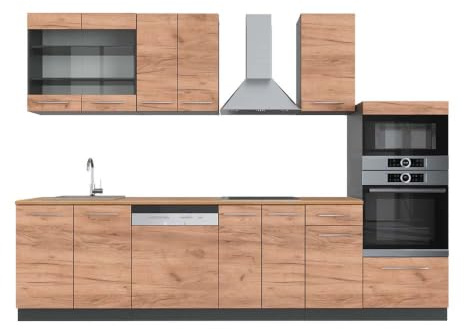 Vicco Küchenzeile Fame-Line, Goldkraft Eiche/Anthrazit, 300 cm | 8 Module · Höhenverstellbare Füße · Arbeitsplatte Eiche · Robuste Fronten · Softclose · Metallgriffe