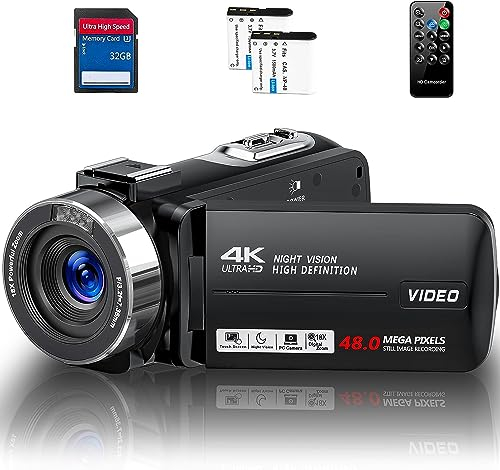 Videokamera HD 4K Camcorder 48MP IR-Nachtsicht Vlog Camera für YouTube, Webcam Kamera mit 18X Digitalzoom, 3.0 Touchscreen 30FPS Video Kamera mit 32GB SD-Karte, Fernbedienung, und 2 Batterien