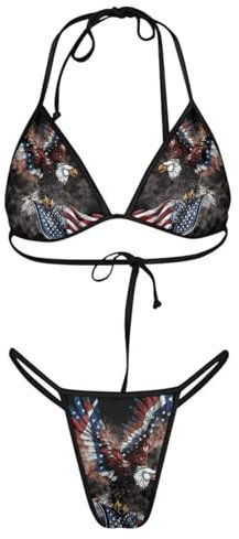 Woisttop 2 Pcs String Bikini Bathing Suit Set Women Sexy Halter String Bikini Bathing Suit American Flag Eagle Print Triangle Bikini Top with Tie Side Bottom Swimwear Set