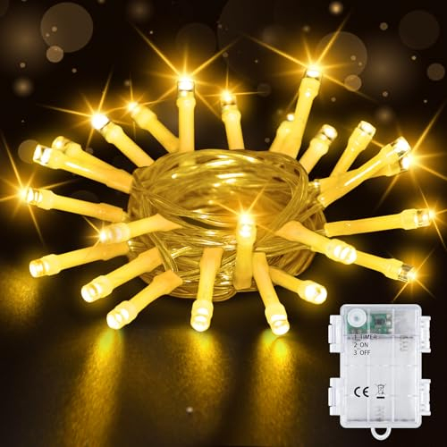 Bzavor 1 Stück Lichterkette Außen Batterie, 2M 20 LED Lichterkette mit Timer 6h, IP65 Wasserdicht LED Lichterkette mit Batterie, Lichterkette Weihnachtsbaum innen Batterie für Weihnachtsdekorationen