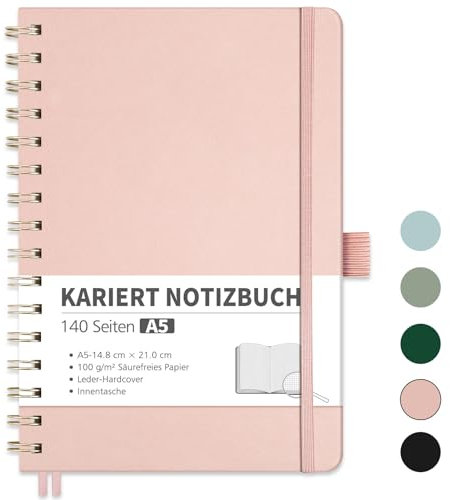 RETTACY Notizbuch A5 kariert, Bullet Journal mit 100 g/m² Dickem Papier, 70 Blatt, Collegeblock für Büro und Schule, Lederhülle, Roségold,14.8 cm x 21 cm