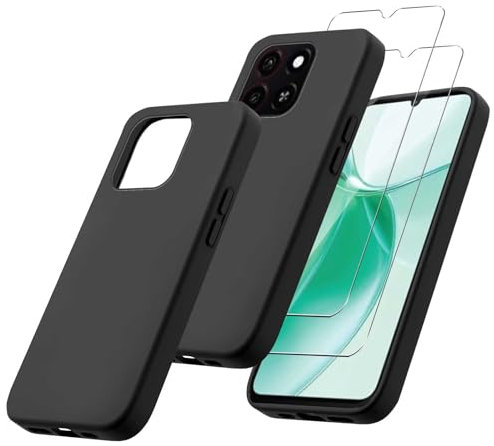 MIBZOR 3 in 1 Funda Compatible con ZTE Blade A35 / ZTE Blade A55 (6.75) con 2 Piezas Vidrio Templado Protector de Pantalla Película Protectora, Negro Carcasa Silicona TPU Suave Caso Case