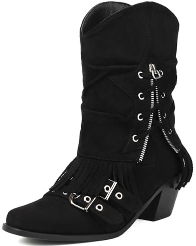 MJIASIAWA Donna A Collo Alto Slouch Frangia Stivali Western Con Risvolto Appuntito Senza Chiusura Classico Tacco A Blocco Fibbia Riding Stivaletti Nero Numero 47 EU/49 Asiatico