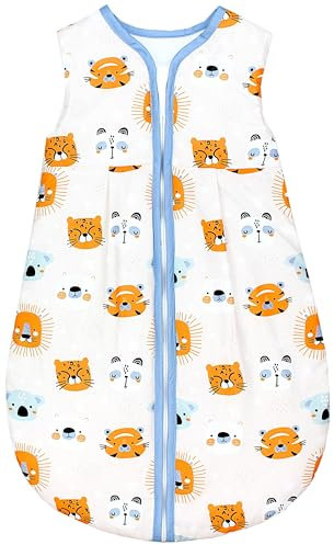 TupTam Schlafsack Baby - Wärmender Ganzjahresschlafsack 2.5 TOG, OEKO-TEX, Ärmellos, Farbe: Tierköpfe Orange Blau Weiß, Größe: 104-110