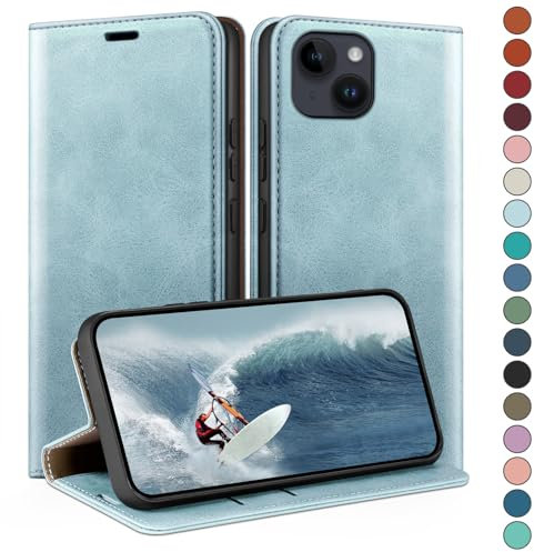 HUOUH for iPhone 14 Plus 6.7 Wallet case with RFID Blocking PU Leather,Flip Folio Book covers,Credit Card Holder Shockproof Phone case Women Men for Apple 14 Plus case Sky Blue
