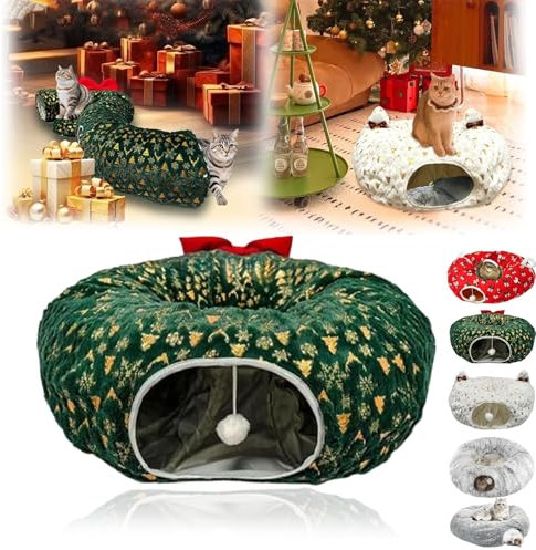 Tunnel pour Chat en Forme d'arbre de Noël, Tunnel pour Chat sous l'arbre de Noël, lit Tunnel en Peluche Chaude avec Boule de Jouet Jupe d'arbre de Noël pour Chats de Taille Moyenne et Petite (Vert)