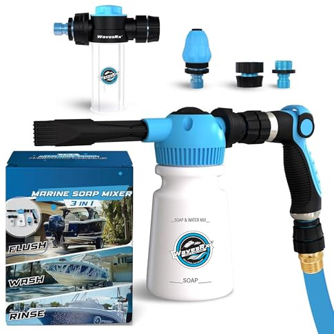 WAVESRX PWC & Boat Wash Sprayer & Engine Flush Mixer to Wash Salt Away | Dual-Use Marine Soap Foamer to Quickly Wash and Rinse | Cleaning Kit for Boating with Garden Hose Quick-Connect
