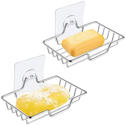 Strong Self Adhesive Soap Dish,2 Pcs Stainless Steel Wall Mounted Soap Dish Holder Wall Mounted Soap Soap Holder with Hook No Drilling Wall Mounted Soap Tray for Shower Bathroom Kitchen, Silver