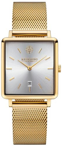 Kistanio Carre Damenuhr mit Milanaiseband Datum Edelstahl Goldfarben Silberfarben Saphirglas CAR-GO-SI-M