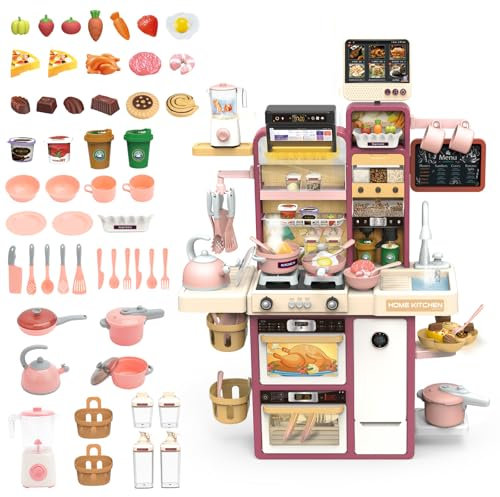 deAO Cocina Juguete,Accesorios Cocina Juguetes con Utensilios De Cocina, Estufa, Fregadero,Sonido y Luz, Etc,Comida Juguete Cocinita,Cocinita Infantil Medidas 24x8x38in