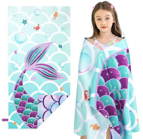 WERNNSAI Meerjungfrau Strandtuch Kinder, 76 X 150 cm Mikrofaser Badetuch Mädche, Strandhandtuch zum Baden leicht und schnelltrocknend Superweich Saugfähig, Kinder Pool Reisen Schwimmen Duschtuch