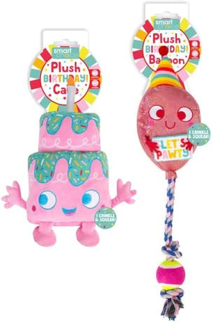 YöL Set of 2 Pet Birthday Toys Dog Puppy Squeaker Rope Ball Crinkle Effect Pink Red Stimulating Interactive Play Balloon Cake Present Gift