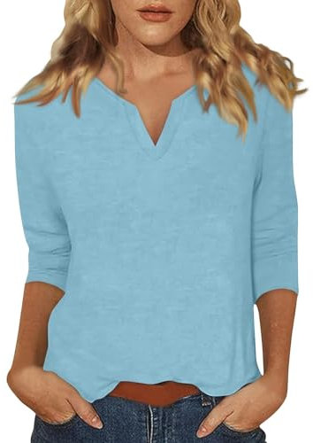 T-shirts d'été pour femme - Manches 3/4 - Col en V - Tunique - Chemisier à manches trois-quarts - Élégant - Décontracté - Couleur unie - Chemisiers et tuniques pour femme, bleu, XXL