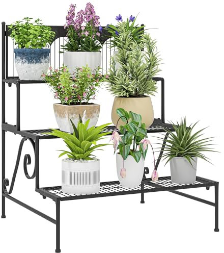 Outsunny Soporte para Plantas de 3 Niveles Estantería para Plantas para Esquina Diseño en Escalera Soporte para Macetas Interior y Exterior 73x66x85 cm Negro
