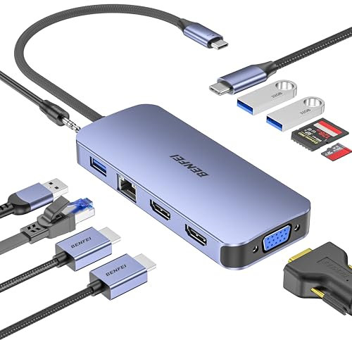 BENFEI Docking Station USB C MST Hub 3*Display- 11 in 1, USB C HUB mit 2HDMI 4K/VGA/5Gbps 3 x USB 3.0/SD/TF Card Reader/Ethernet/PD 100W/3.5mm Aux Audio für MacBook Air/Pro XPS Surface