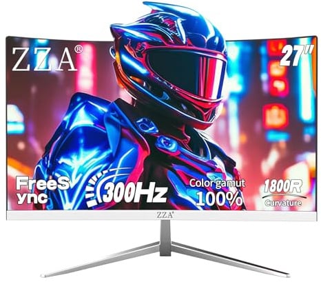 ZZA 27 300Hz Curved Gaming Monitor 1080P 1ms 1800R VA 99% sRGB Display Support AMD FreeSync Blue Light Filter, HDMI x 2 & DP x 2, VESA Compatible - White