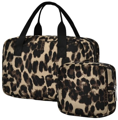 Oscaurt Trousse de toilette pour femme avec cordon - Grande trousse de maquillage avec compartiments - Trousse de maquillage - Sac à cosmétiques - Organisateur de sac, léopard, Classique