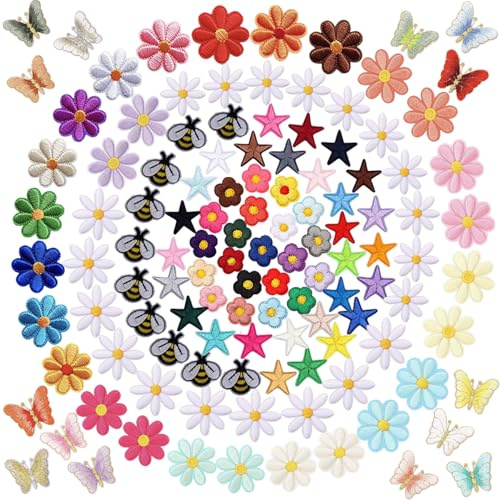 122 PCS Random Assorted Flowers Bees Butterfly Daisy Iron On Patches Cute Flower Applique Sew on Embroidered Patches for Backpacks Pants Hat Bags Jeans Dress Jackets Vests Coat Uniforms Clothes