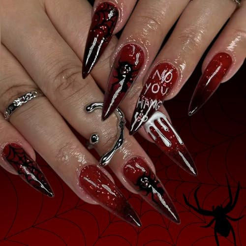 Cat Eye Red Press on Nails Almond, Dark Halloween Vampire Fake Nails, Wine red spider False Nails, Wine red spider Press on Nails, glossy reusable design, 24pcs set for women and girls