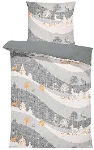 one-home Winter Biber Bettwäsche Baumwolle Kuschelig Flauschig Warme Weiche Flanell Bettbezüge Modern, Größe:2 teilig 135x200 cm, Farbe:Rentiere Winterlandschaft grau