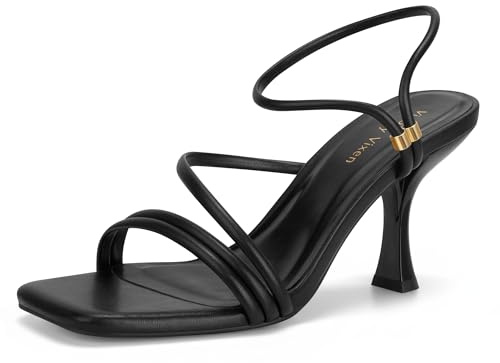 Viciously Vixen Women's Strappy Kitten Heels Square Open Toe Sandals Party Wedding Ankle Strap Shoes,All Black, 8