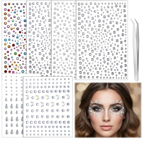 1496 Stück Strasssteine Selbstklebend Sticker, 6 Blatt Silber glitzersteine, 2-7 MM Glitzer Steine Sticker in Verschiedenen Formen, für Gesicht, Nägel und Diy Handwerk, Mit 1 Pinzette