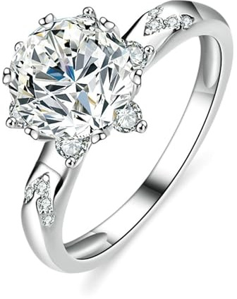Ringe Damen Vintage, Ring Schlicht Blume mit 6-Zackigem 2-Karat Moissanit Silber 9K Weißgold Größe 61 (19.4)
