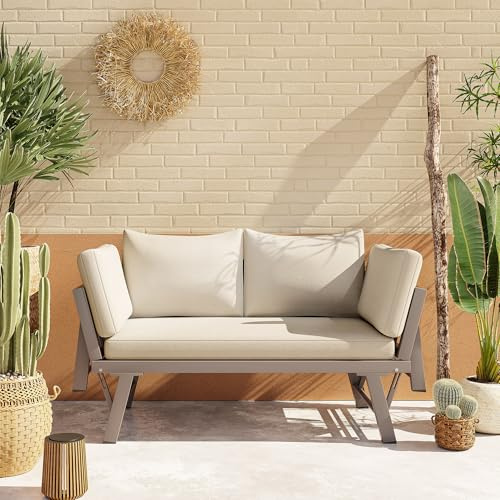 Httcg Gartensofa Gartenmöbel 2-Sitzer-Sofas mit Liegefunktion, Outdoor Sofa Balkonmöbel mit Auflagen und Klappbaren Armlehne, Balkon Sofa Gartenliege Terrassenmöbel für Garten Balkon, Beige