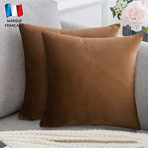 Douceur De Plumes 2er Set Dekorativer Kissenbezug aus braunem Samt, 40x40 cm, hellbrauner, rechteckiger, weicher, moderner Kissenbezug, skandinavisches Wohnzimmer, Sofa, Schlafzimmerdekor (2 Braun)