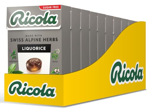 Ricola Liquorice Sugar Free Swiss Herbal Sweets, Herb Drops, Sweet Box 45g - Pack of 10 Boxes