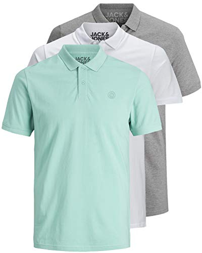 JACK & JONES 12171776 Lot de 3 polos pour homme, coupe slim, manches courtes, Noir/blanc/bleu/gris, XS S M L XL XXL, L