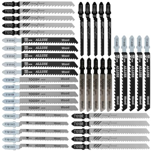 Ghopy 40Pcs Jigsaw Blades Set, T-Shank Jig Saw Blade Set Fast Cut HCS/HSS Jigsaw Blades for Wood Plastic and Metal Cutting Compatible with Bosch, Hitachi, Festool, Milwaukee