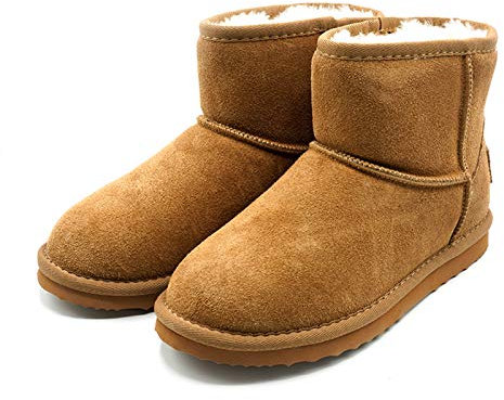 OOG Boots Damen Lederboots, Lederstiefel, Mini Boots, Schneestiefel echtes Leder, warme, Fell gefütterte Winterschuhe, rutschfeste, Flache, bequem und Kurze Stiefel (58541Camel, numeric_41)