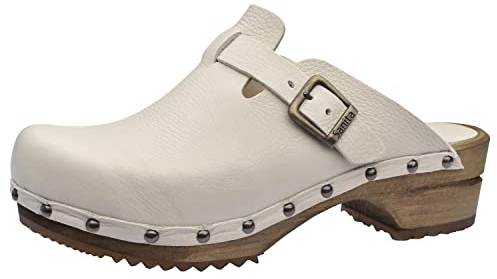 Sanita Kristel offener Clog | Original handgemacht | Leder-Holzclogs für Damen | Weiss | EU 40