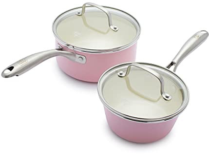 GreenLife Artisan Healthy Ceramic - Juego de cacerolas antiadherentes de 1 cuarto y 2 cuartos con tapas, mango de acero inoxidable, sin PFAS, apto para lavavajillas, horno, rosa suave