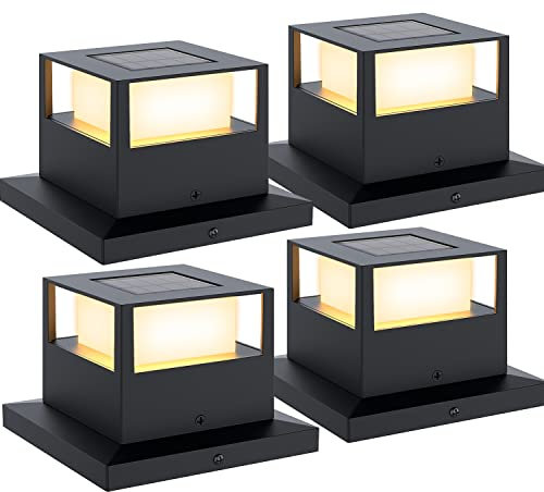 4 Pack Outdoor Solar Post Cap Lights, 20 Lumen High Brightness Waterproof LED Fence Post Solar Lights with Base for 4x4 5x5 6x6 Wooden ,Black