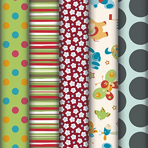 Clairefontaine 211453AMZC Geschenkpapier, 12 Rollen Excellia-Papier, 80 g, Maße: 2 x 0,70 m, Motiv: Punkte, Blumen, verschiedene Kinder, Geschenkverpackung