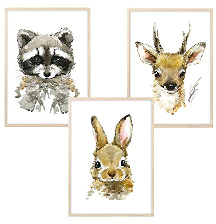 MeinBaby123® Bilder Kinderzimmer | 3er Set DIN A4 Poster Set | Waldtiere Wandbilder | Waschbär, Hase, Reh | Deko Bilder Kinderzimmer | Babyzimmer Deko | Wandposter Premium (Waldtiere - Set 2)