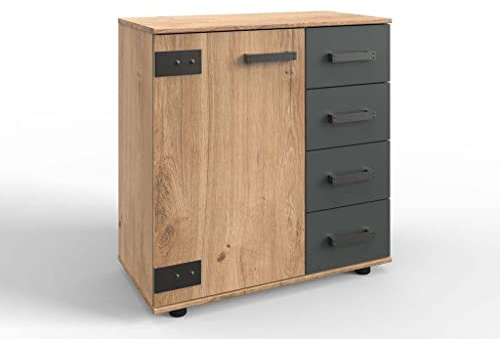 Froschkönig24 Stockholm Kommode Anrichte Sideboard Plankeneiche/Grau