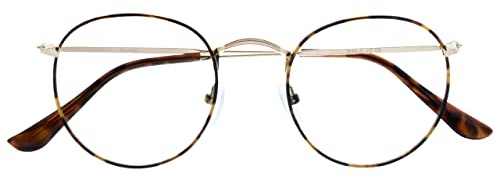 OPULIZE Sol - Reading Glasses with Blue Light Blocking Round Metal Retro Improve Sleep Reduce Headache Computer Glasses Gaming Anti-Reflective Brown Tortoiseshell Mens Womens B94-2 +3.00
