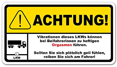 Finest Folia Fun Sticker Achtung Vibration 10x5,5cm Aufkleber für Fahrzeuge Kfz Zubehör lustiger Bike Trekker Spruch Warnung waschstraßenfest selbstklebend R193 (02 LKW)