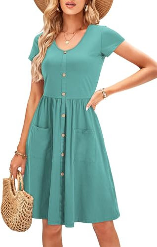 OUGES Women's Summer Short Sleeve Dress V Neck Casual Button Down Midi Ladies Dresses with Pockets(Blue02-395,XL)