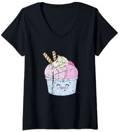 Femme Dessert d'été, gelato, cuillères à soupe de crème glacée Kawaii pour les amateurs T-Shirt avec Col en V